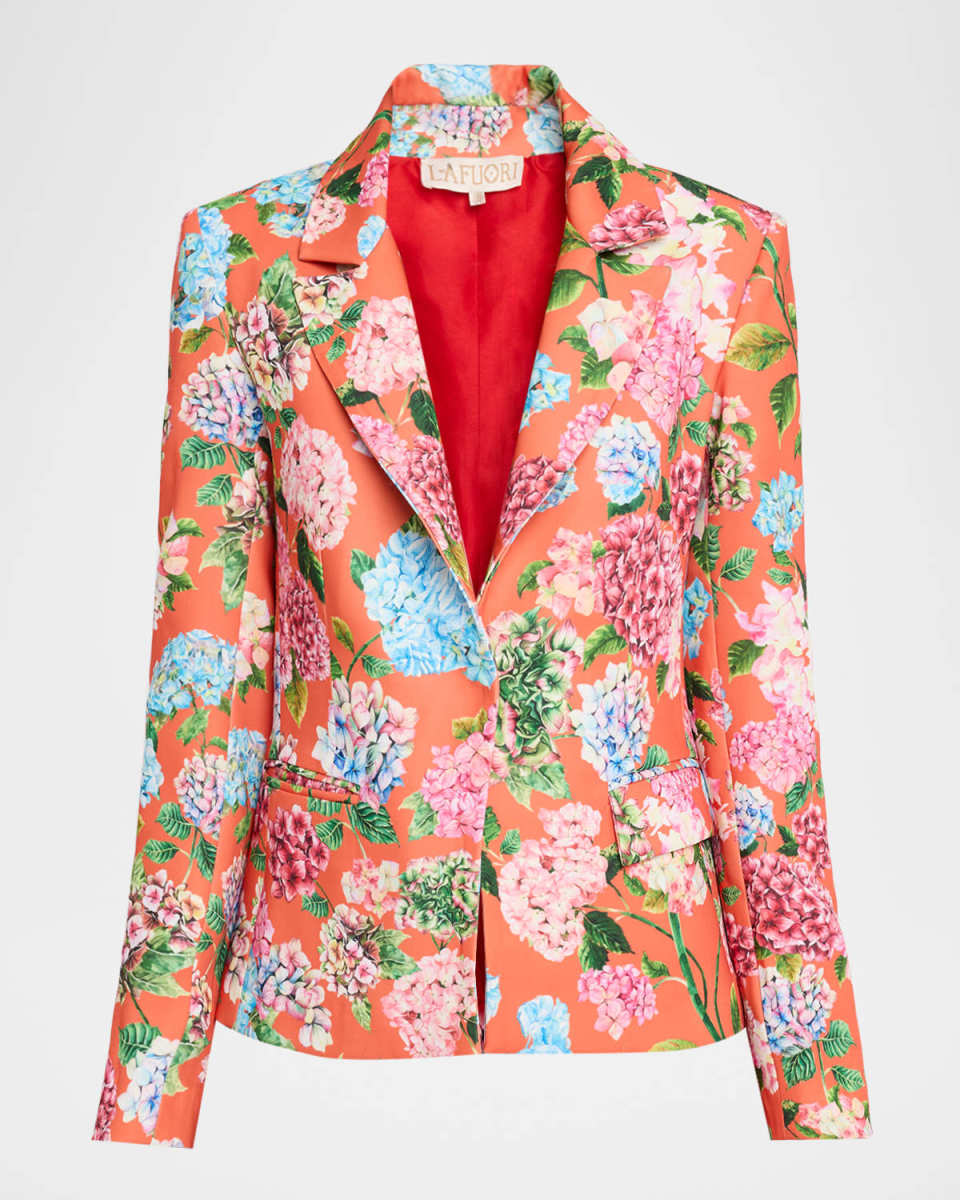 Hand-Painted Hydrangea Print Single-Breasted Blaz